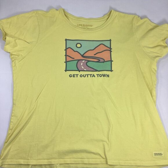 Life Is Good Crusher TShirt Womens XXL Yellow Short Sleeve Top Get Outta Town - Picture 2 of 7
